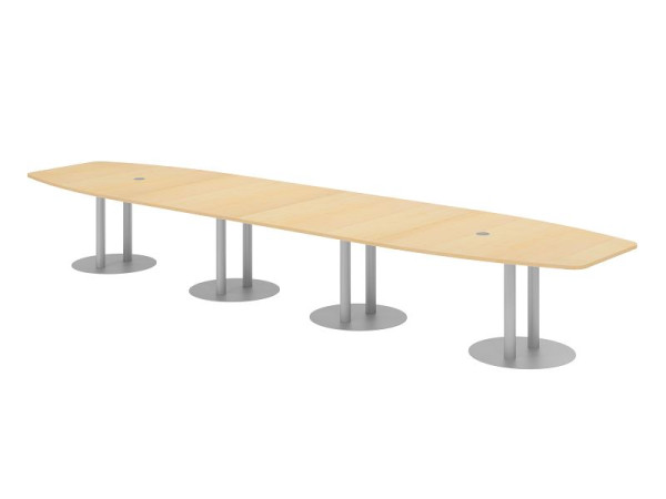 Table de conférence Hammerbacher KT52S, 520 x 130 cm, plateau : érable, épaisseur 25 mm, avec quatre pieds colonnes argentés, 7,6/70 cm, hauteur de travail 74 cm, VKT52S/3/S