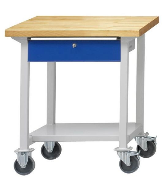 Table de travail ANKE; mobile; 800x700 mm; RAL 7035/5010; 1x tiroir suspendu (BL); 1x étagère de rangement en tôle d'acier de 500 mm de profondeur