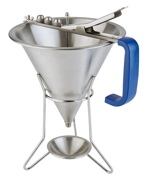 Entonnoir à liqueur et fondant APS, Ø 20 cm, hauteur : 34 cm, 1,5 litre, acier inoxydable, manche en PP, avec 3 buses (2/4/6 mm), avec support, 77338