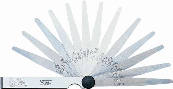 Jeu de jauges d'épaisseur Vogel Germany, individuellement en feuille, 0,05 - 1,00 mm / .002 - .040 pouce, 13 feuilles, 411005