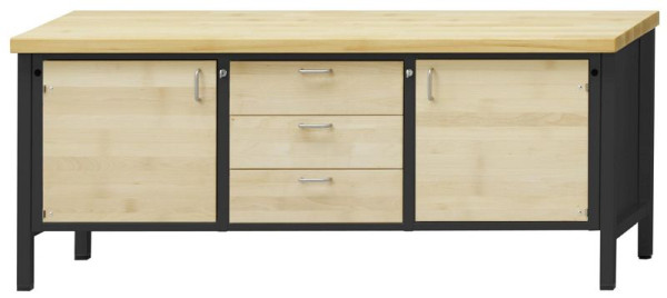 Établi d'armoire ANKE; 2000x700 mm; RAL 7016 / hêtre ciré naturel; Hêtre plaque solide; Gauche 1 porte; 3 tiroirs du milieu; Droite 1 porte