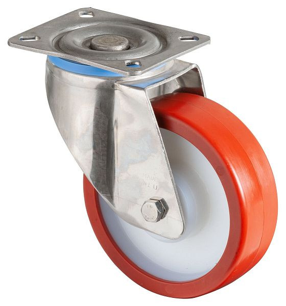 Roulettes BS Roulette robuste en acier inoxydable avec frein, B45 mm, Ø125 mm, jusqu'à 500 kg, surface polyuréthane rouge, roulement à rouleaux, HS120.B28.126