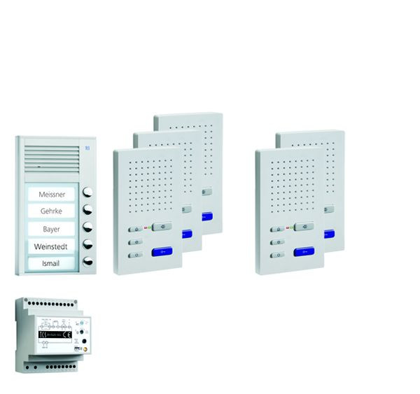Système de commande de porte audio TCS : pack AP pour 5 unités résidentielles, avec poste extérieur PAK 5 boutons de sonnerie, 5x haut-parleur mains libres ISW3030, unité de contrôle BVS20, PPAF05-EN / 02