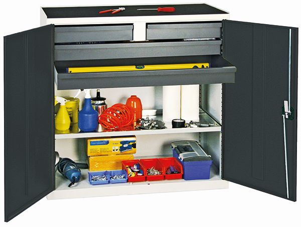armoire à outils et matériaux contondants série 3000, 7035/7016, 2 tiroirs 100 mm, 2 tiroirs 100 mm continus, 1 étagère à plateaux, 3007471
