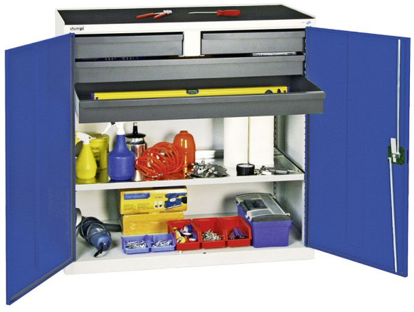 armoire à outils et matériaux contondants série 3000, 7035/5010, 2 tiroirs 100 mm, 2 tiroirs 100 mm continus, 1 étagère à plateaux, 3007474