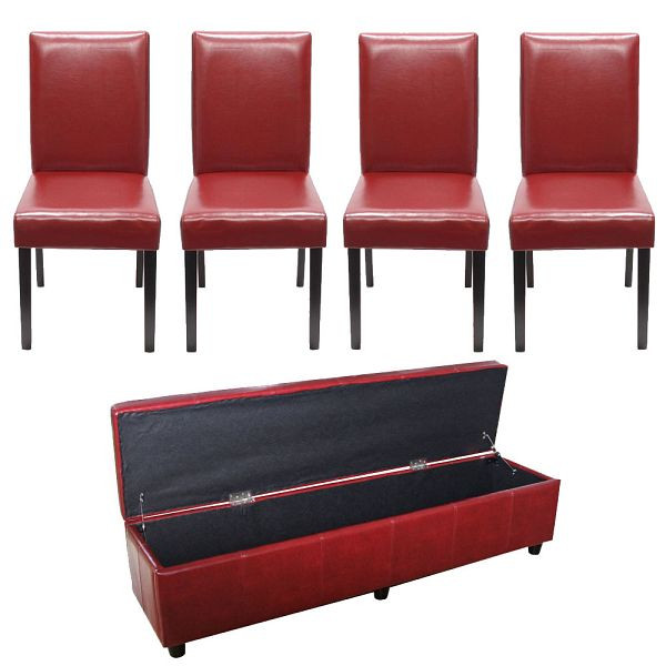 Banc Mendler avec rangement Kriens XXL + 4 chaises Littau, simili cuir/cuir, rouge, 12871+7978+7978