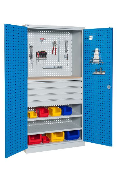 Meuble d'atelier SOFAME à panneaux perforés L 1000 x P 500 x H 1950 mm ; avec 4 tiroirs, 2 étagères et 1 plan de travail en bois, W030080006GCBI