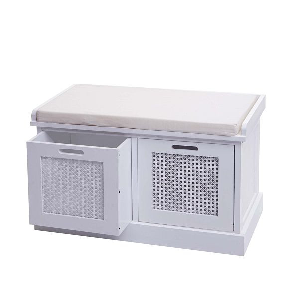 Banc Mendler HWC-J49, banc rembourré, banc de vestiaire, coussins, boîtes de rangement, compartiment de rangement 47x75x40cm, blanc, rembourrage blanc crème, 80900