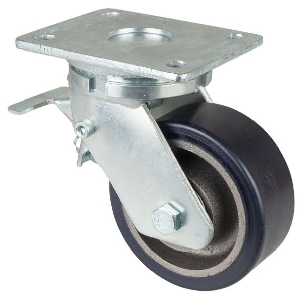 Roulettes BS Roulette robuste avec roue/blocage, largeur 50 mm, Ø125 mm, jusqu'à 400 kg, polyuréthane coulé 78 Shore A, corps coulé, roulements à billes, RR120.C11.125