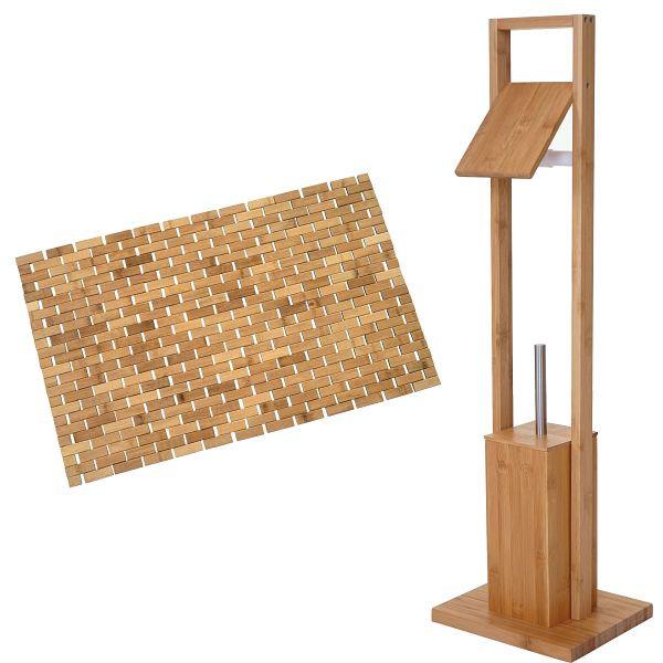 Ensemble de salle de bain Mendler HWC-B18, porte-papier hygiénique, porte-papier hygiénique, tapis de bain, tapis de salle de bain, meuble de salle de bain, ensemble de salle de bain, bambou, 57558+57560