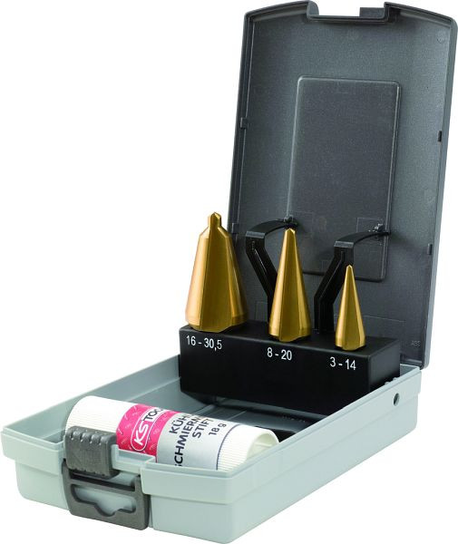 KS Tools Jeu de forets à éplucher la tôle HSS TiN, cassette en plastique 4 pièces, 336.0553