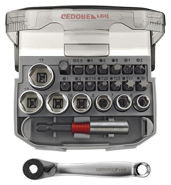 Jeu de cliquets à embouts rouges GEDORE 1/4" avec adaptateur Bit-Fix Compact, 23 pièces, 3300026