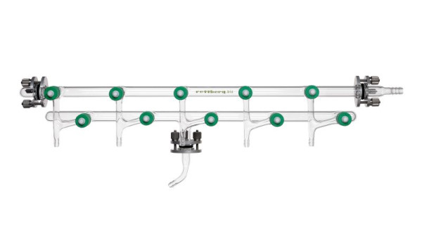 Râteau de distribution d'azote Rettberg avec 5 vannes PTFE à deux voies et 3 raccords KF DN 16, 107000185
