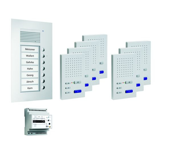 Système de commande de porte audio TCS : pack UP pour 7 unités d'habitation, avec poste extérieur PUK 7 boutons de sonnerie, 7x haut-parleur mains libres ISW3030, unité de commande BVS20, PPUF07-EN / 02