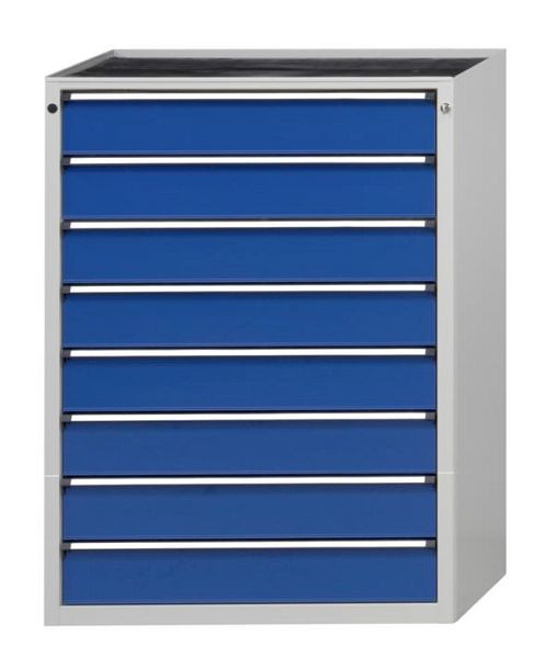 Armoire à tiroirs ANKE; 915 x 700 x 1320 mm; RAL 7035/5010; Plateau en hêtre massif 40 mm; 8 tiroirs, 610.303