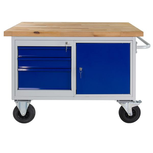 Chariot de table/établi ADB 3 tiroirs + 1 porte, 840x1300x600 mm, couleur chariot de table : gris clair, RAL 7035, couleur porte/tiroirs : bleu clair (RAL 5012), 42740