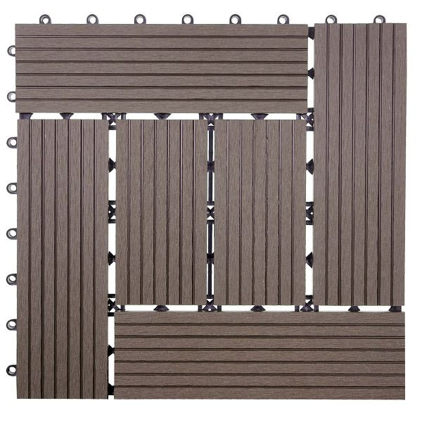 Carrelage de sol Mendler WPC Rhone, balcon/terrasse aspect bois, 11x chaque 30x30cm = 1m², base, décalage café, 54442