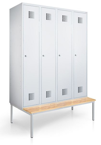KEMMLIT vestiaire 4 compartiments 40cm avec banc, gris clair 7035, loquet rotatif, 100128