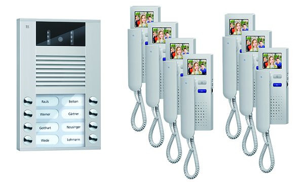 Vidéo de commande de porte TCS : pack AP pour 7 unités d'habitation, avec platine de rue AVE 8 boutons de sonnerie, 7x visiophone IVH3222, commande, PVE1570-0010