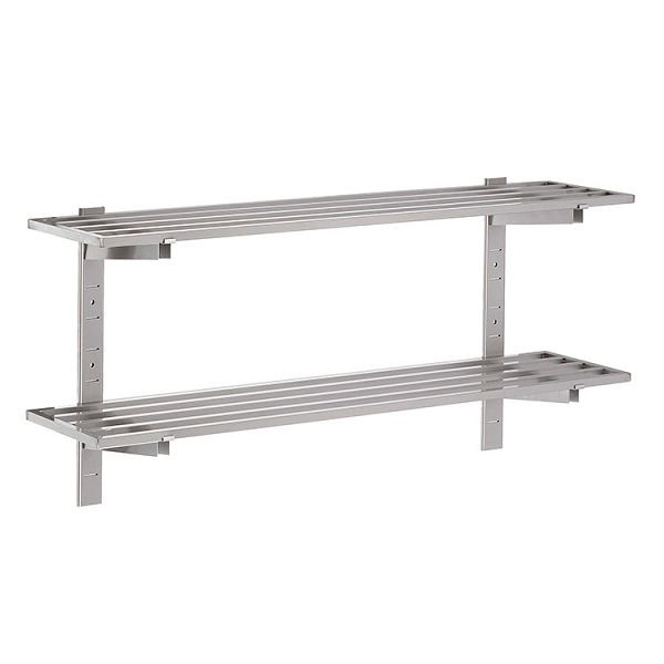 Étagère murale double ouverte Gastro-Inox en acier inoxydable AISI 430, 1500x400mm, avec 2 supports d'étagère et 2 supports muraux, 303.283