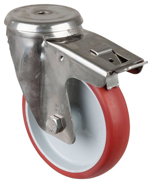 Rouleau de transport en acier inoxydable avec frein BS rollers, L35 mm, Ø150 mm, jusqu'à 200 kg, surface polyuréthane rouge, corps en plastique, palier lisse, H121.B26.150
