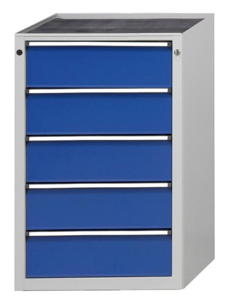 Armoire latérale ANKE; 665 x 650 x 1020 mm; RAL 7035/5010; Plateau en hêtre massif 40 mm; 5 tiroirs 90, 90, 180, 180, 360 mm, 600.305