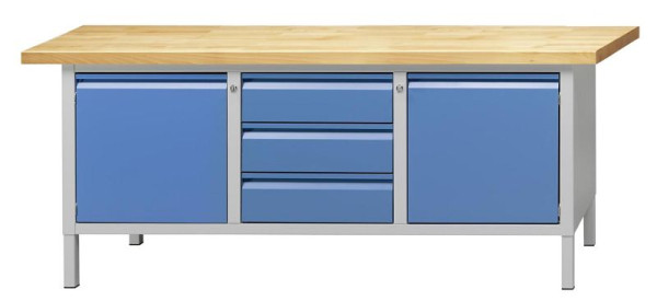 Établi d'armoire ANKE; 2000x700 mm; RAL 7035/5012; Gauche 1 porte 510 mm; 3 tiroirs centraux 170 mm; Droite 1 porte 510 mm