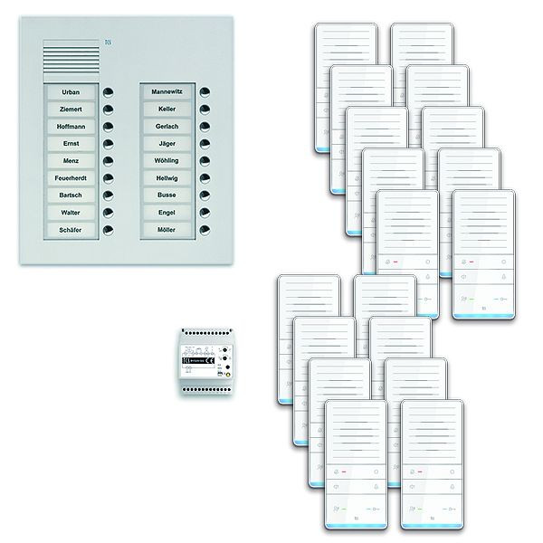 Système de commande de porte audio TCS : pack UP pour 18 unités d'habitation, avec poste extérieur PUK 18 boutons de sonnerie 2 colonnes, 18x haut-parleur mains libres ISW5031, commande, PAUF182 / 001