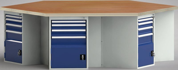 Etabli standard KLW de forme hexagonale (version ERGO) avec plateau multiplex en hêtre de forme hexagonale 2338 x 2700 x 45 mm L x l x P, WS620N-1350M40-E8014