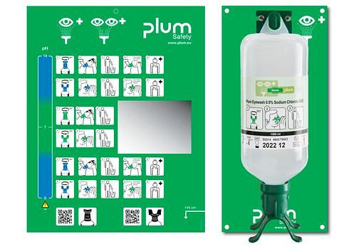 Station murale DENIOS avec flacons de douche oculaire duo, 1000 ml de solution saline, 188-945