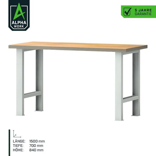 Établi à rangées Alpha Work Basic, 1500 x 840 x 700 mm, gris clair, plateau en multiplex de hêtre, 07272