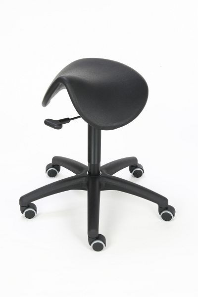 Siège de selle Lotz assise dynamique, siège : PU, noir, hauteur d'assise 520 - 710 mm, déverrouillage par levier, base en plastique, Ø 630 mm, roulettes, 3570.11