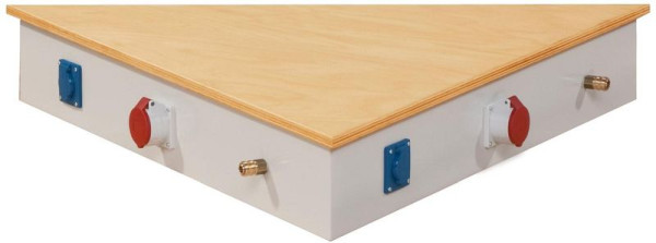 ANKE énergie fixation côté longueur 1070 mm; Etabli groupe 3-Eck; Prise 1xCEE avec couvercle de chaque côté; 1x prise Schuko avec couvercle; 1xSchnellkupplung