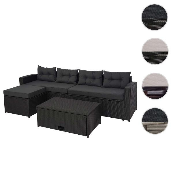 Ensemble en polyrotin Mendler HWC-J34, ensemble balcon/jardin/salon, canapé, compartiment de rangement, noir, coussins gris foncé, 77078+77079+77080