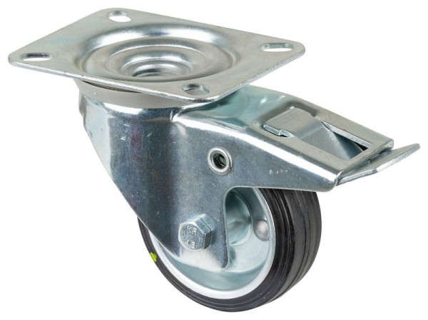 Rouleau de transport BS rollers avec frein, largeur 30 mm, Ø80 mm, jusqu'à 65 kg, caoutchouc noir, roulement à rouleaux, plateau, lot de 4, L420.B58.080