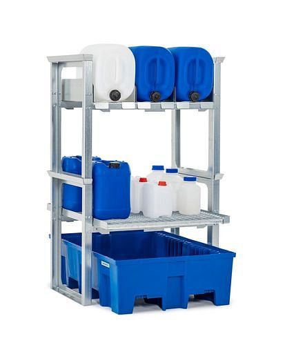 Support pour bidons et petits récipients DENIOS, avec plateau en plastique, 1049 x 1245 x 1637 mm, 291-781