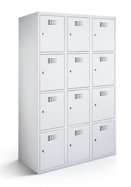 Armoire vestiaire KEMMLIT 3 compartiments et 12 portes 30cm avec fond fermé, gris clair 7035, loquet tournant, 100648