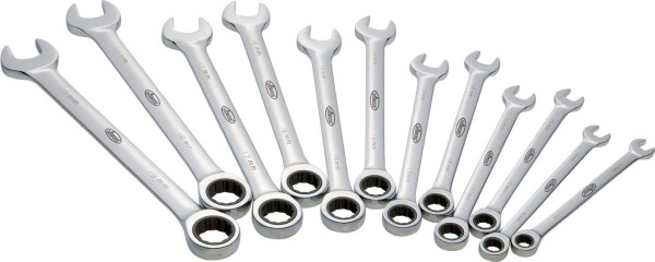 Jeu de clés mixtes à cliquet VIGOR, longues, profil à six pans extérieurs, profil à double six pans extérieur, 8 - 19, nombre d'outils : 12, V1031