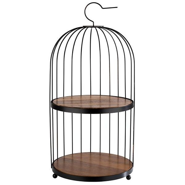 Cadre de buffet APS -BIRDCAGE-, Ø 26 cm, hauteur : 54 cm, métal, noir, 2 plaques en bois d'acacia, chacune Ø 25 cm, hauteur : 1 cm, 33206