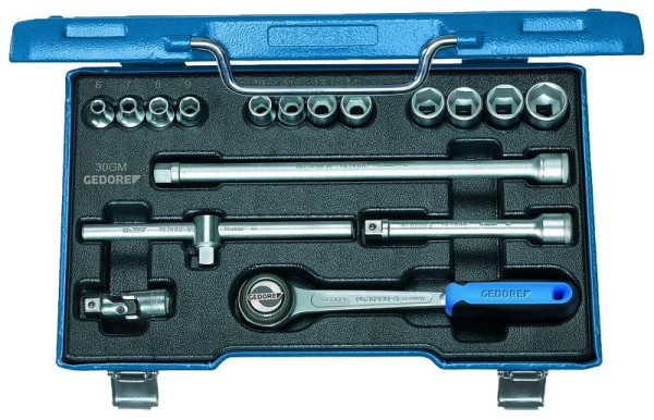 Jeu de clés à douilles GEDORE 3/8", 17 pièces, profil hexagonal, cliquet réversible, 6235980