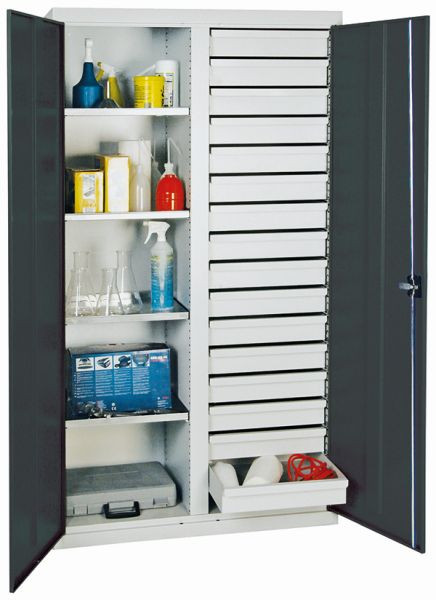 armoire à outils et matériaux contondants série 2000, 7035/7016, 4 étagères, cloison centrale, 16 tiroirs, 2004171