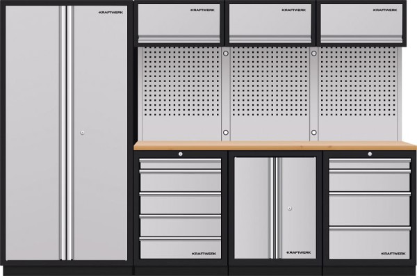 Élément mural Kraftwerk à 4 éléments avec paroi carrée perforée, plan de travail multiplex, 3964G