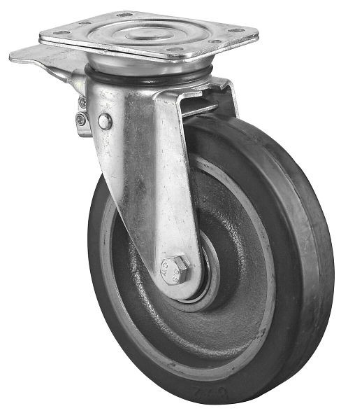 BS Rolls Roulette robuste avec frein, largeur 50 mm, Ø200 mm, jusqu'à 450 kg, bandages élastiques noirs, corps de roue coulé, roulements à billes, N120.B81.202