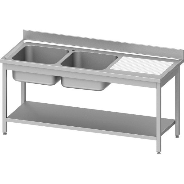 Meuble évier Stalgast ECO avec base 1400x600x850 mm, avec deux bacs à gauche, avec dosseret, à monter soi-même (AISI201), DST14663LA
