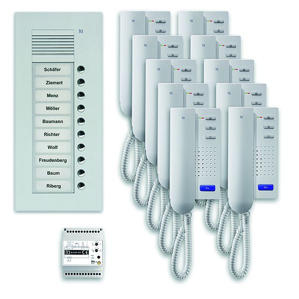 Système de commande de porte audio TCS : pack UP pour 10 unités résidentielles, avec poste extérieur PUK 10 boutons de sonnerie, 10 interphones ISH3030, unité de commande BVS20, PPU10-EN / 02