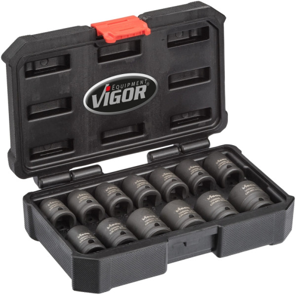 Jeu de douilles pour clés à chocs VIGOR, courtes, carrées creuses 12,5 mm (1/2"), profil à six pans extérieurs, 10 - 24, nombre d'outils : 13, V5550S