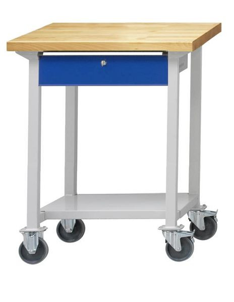 Table de travail ANKE; mobile; 800x800 mm; RAL 7035/5010; 1x tiroir suspendu (BL); 1x étagère en tôle d'acier 60