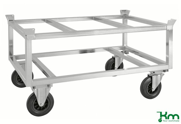 Kongamek Transpalette galvanisé avec porte-palette, 2 roulettes fixes et 2 roulettes pivotantes en caoutchouc plein avec freins, hauteur de plate-forme 650 mm, KM221-EPB