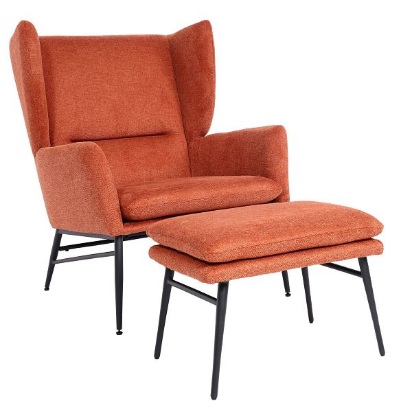 Chaise longue Mendler avec pouf HWC-L62, bergère, chaise rembourrée, chaise cocktail, tabouret, tissu/textile, brun terre cuite, 117256+117259