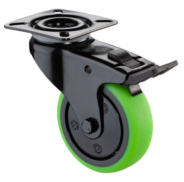 BS Castors Roulette pivotante avec frein noir, roue en caoutchouc thermoplastique vert, roulement à billes, platine, diamètre : 75 mm, lot de 4, A820.A85.075.04